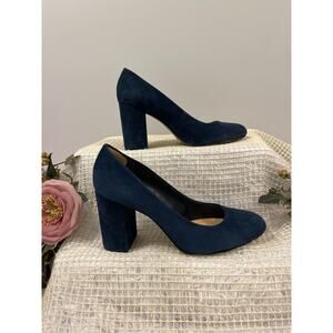 Classic Navy Suede Block Heel Pumps - Women's